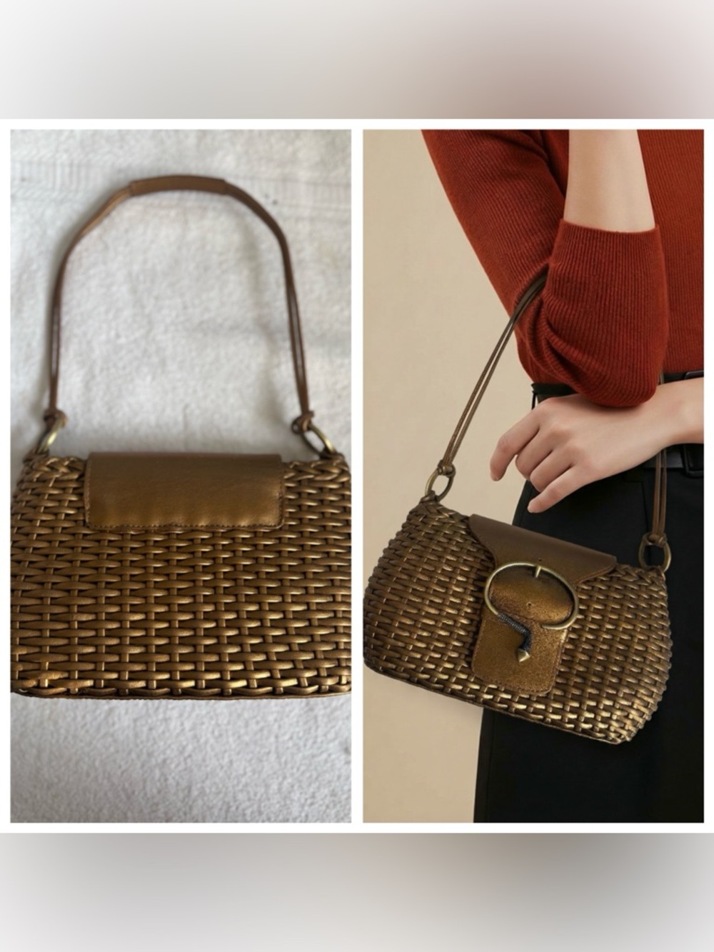 Marc & Marc by Sharif Women Woven Metallic Brown Shoulder Bag with Buckle Accent